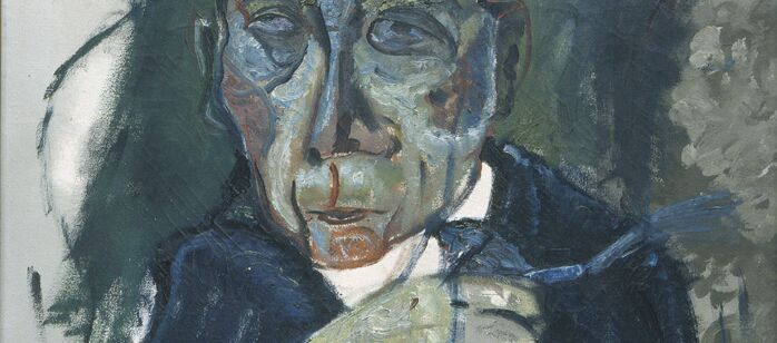 Portrait-Gemälde eines Mannes mit zurückgekämmten kurzen Haaren, großer Nase, eingefallenen Wangen und müde wirkenden Augen. Sein rechtes Auge schaut verdreht nach rechts oben. Seine rechte Hand, die etwas hält, zeigt Richtung rechter Brust.