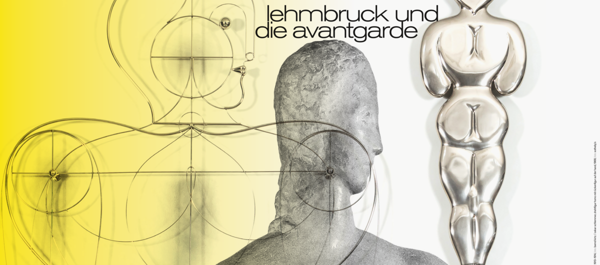 Plakat mit Abbildungen dreier Figuren. Eine besteht aus Stein, schaut nach rechts und hat einen Zopf. Im Hintergrund, etwas versetzt eine metallene Figur von hinten abgebildet, deren Körperproportionen sehr rund sind. Links eine figürliche  Zeichnung.