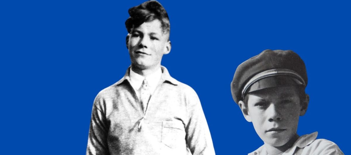 Fotocollage. Auf blauem Hintergrund ist ein Foto vom jungen Willy Brandt sowie ein Foto vom jungen Helmut Schmidt abgebildet. Beide Foto sind schwarz-weiß und die Körper ausgeschnitten.