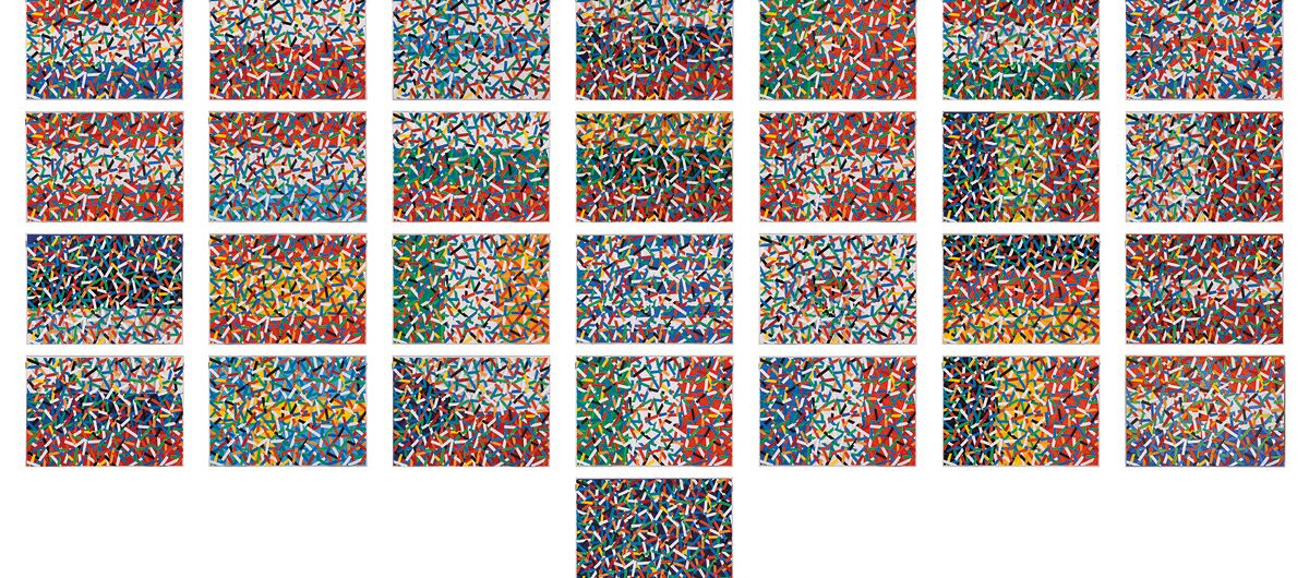 Zu sehen sind 29 liegende Rechtecke in vier Reihen á sieben Rechtecke nebeneinander. Ein Rechteck ist unter den Reihen mittig platziert. Alle Rechtecke bilden Nationalfahnen ab, die jedoch durch bunte konfettiartige Streifen überdeckt sind.