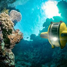 Foto eines Unterwasserroboters, der die Tiefsee erforscht. Auf der linken Fotoseite sind Felsen, auf denen Korallen leben, zu sehen. Die rechte Fotoseite wird durch den Roboter dominiert.