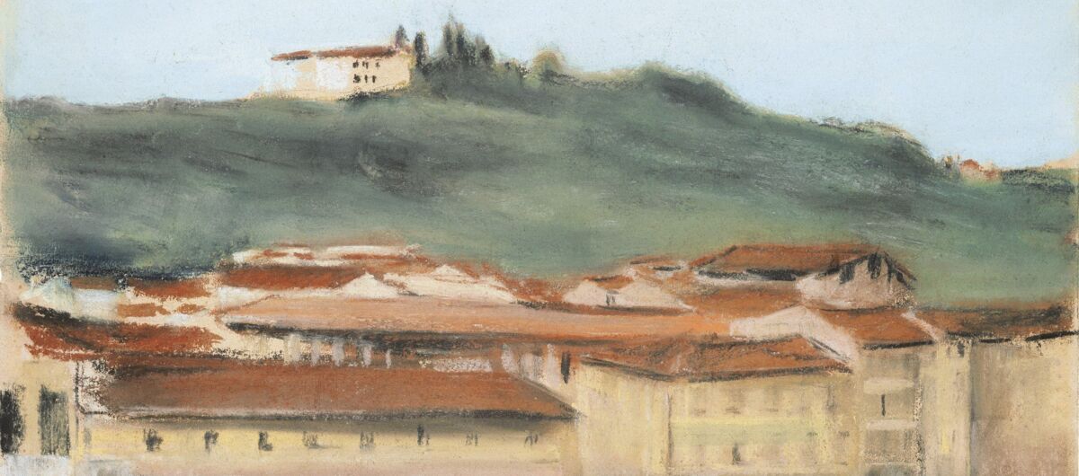 Pastellmalerei des italienischen Ortes Monte Oliveto von 1902. Es zeigt eine Stadt mit Häusern in hellen Tönen und roten Dächern, im Hintergrund ein grüner Hügel, auf dem ein weiteres Haus thront.