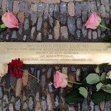 Foto eines langen und polierten Stolpersteins, der von sieben Rosen eingerahmt ist, u. a. mit der Inschrift: Zangsarbeit in Freiburg 1939 bus 1945, mehr als 10000 Menschen werden aus ihren Heimatländern verschleppt und hier zur Arbeit gezwungen