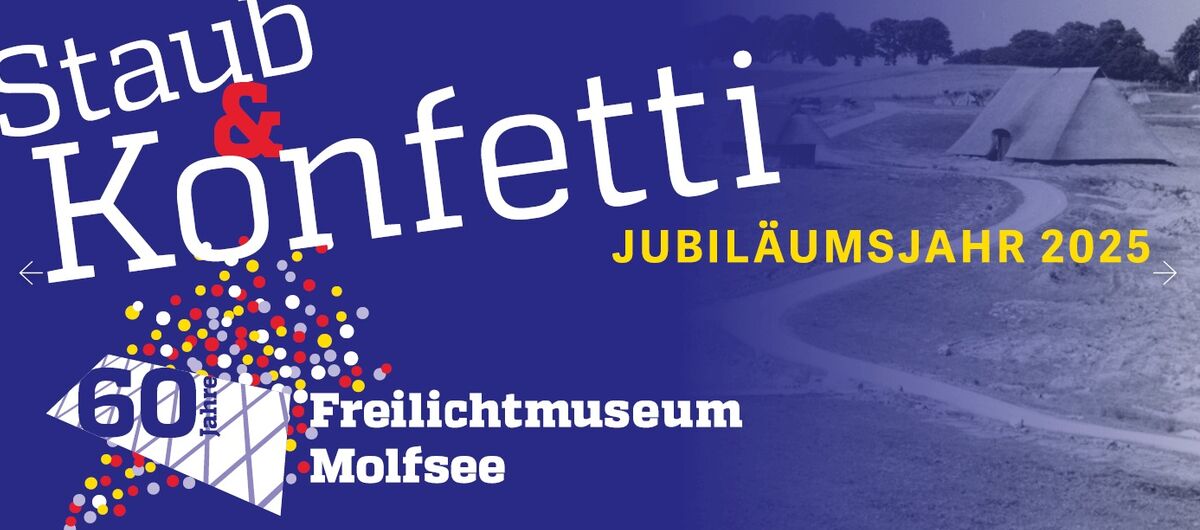 Kollage bestehend aus dem Schriftzug "Staub & Konfetti Jubiläumsjahr 2025 60 Jahre Freilichtmuseum Molfsee" auf dunkelblauem Hintergrund, das in ein schwarz-weiß Foto des Freilichtmuseums über geht.