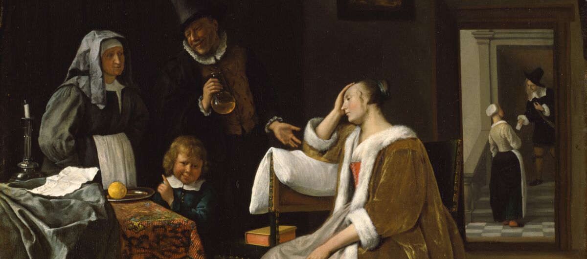 Gemälde aus 1660. Es zeigt eine Frau, die sich sorgenvoll den Kopf hält, daneben stehen ein Kind sowie eine Frau und ein Mann, die zu ihr schauen, sich über ihren Zustand unterhalten. Im Hintergrund nimmt eine Magd von einem Mann einen Brief entgegen.