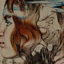 Zeichnung in schwarz, wenige Bereiche sind mit sanfter Farbe farbig gemacht. Abgebildet ist das Profil einer Frau mit offenen lagen Haaren, aus denen ein Männerkopf und Hände herausschauen. Dieser scheint zudem aus dem Mund eines Fabelwesens zu kommen.