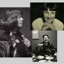 Fotocollage aus drei schwarz-weiß Fotos, die je die Gestalterinnen Margaret MacDonald, Margarete Schütte-Lihotzky und Charlotte Perriand zeigen. Alle Frauen schauen freundlich bis fröhlich. Eine wird im Profil gezeigt, die anderen in Frontalaufnahme.