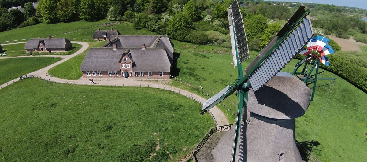 Luftbild auf eine Windmühle, einen Vierseitenhof sowie zwei weitere Häuser im ähnlichen Stil aus Backstein. Mühle und Häuser sind mit Wegen verbunden. Rundherum ist Wiese. Im Hintergrund sind Wälder und Felder.
