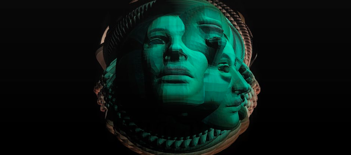 Ein digital erstelltes Bild mit mehreren Gesichtern, die sich teils überlappen, aber auch wie eine 3D Skulptur wachsen.