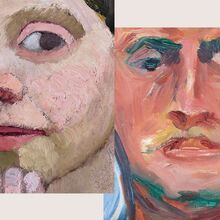 Kollage zweiter Gemälde, auf denen je nur ein Gesicht abgebildet ist. Das linke Gemälde zeigt eine Frau, die Zeige-, Mittel-, und Ringfinder an das Kinn legt. Das rechte Gemälde bildet einen Mann ab. Beide schauen den betrachtenden direkt an.