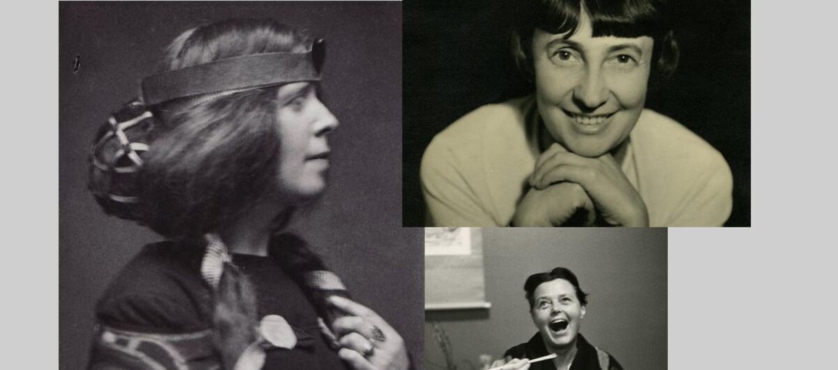 Fotocollage aus drei schwarz-weiß Fotos, die je die Gestalterinnen Margaret MacDonald, Margarete Schütte-Lihotzky und Charlotte Perriand zeigen. Alle Frauen schauen freundlich bis fröhlich. Eine wird im Profil gezeigt, die anderen in Frontalaufnahme.